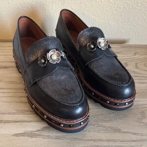 Women’s  Black Leather Loafers with Floral Accents